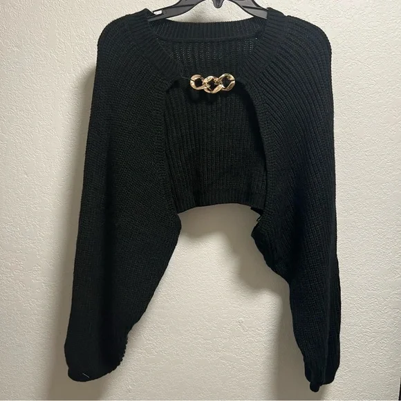 Shein Cropped Black Sweater with Chain Detail NWOT - Picture 2 of 5